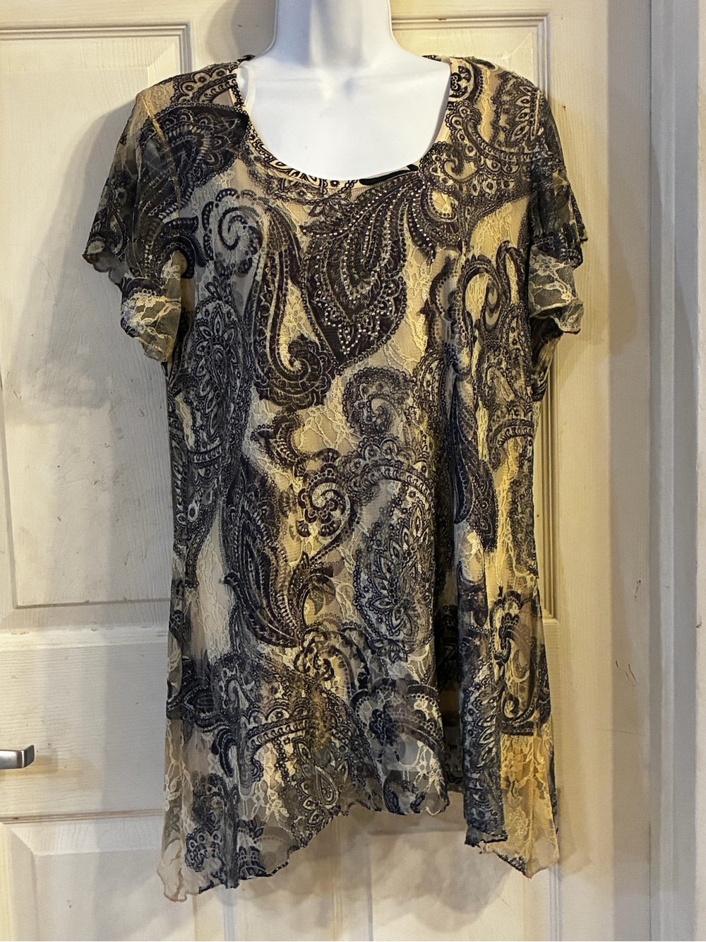 dressbarn Cream and Black Paisley Short Sleeve Tunic, Size: Xl, NWT